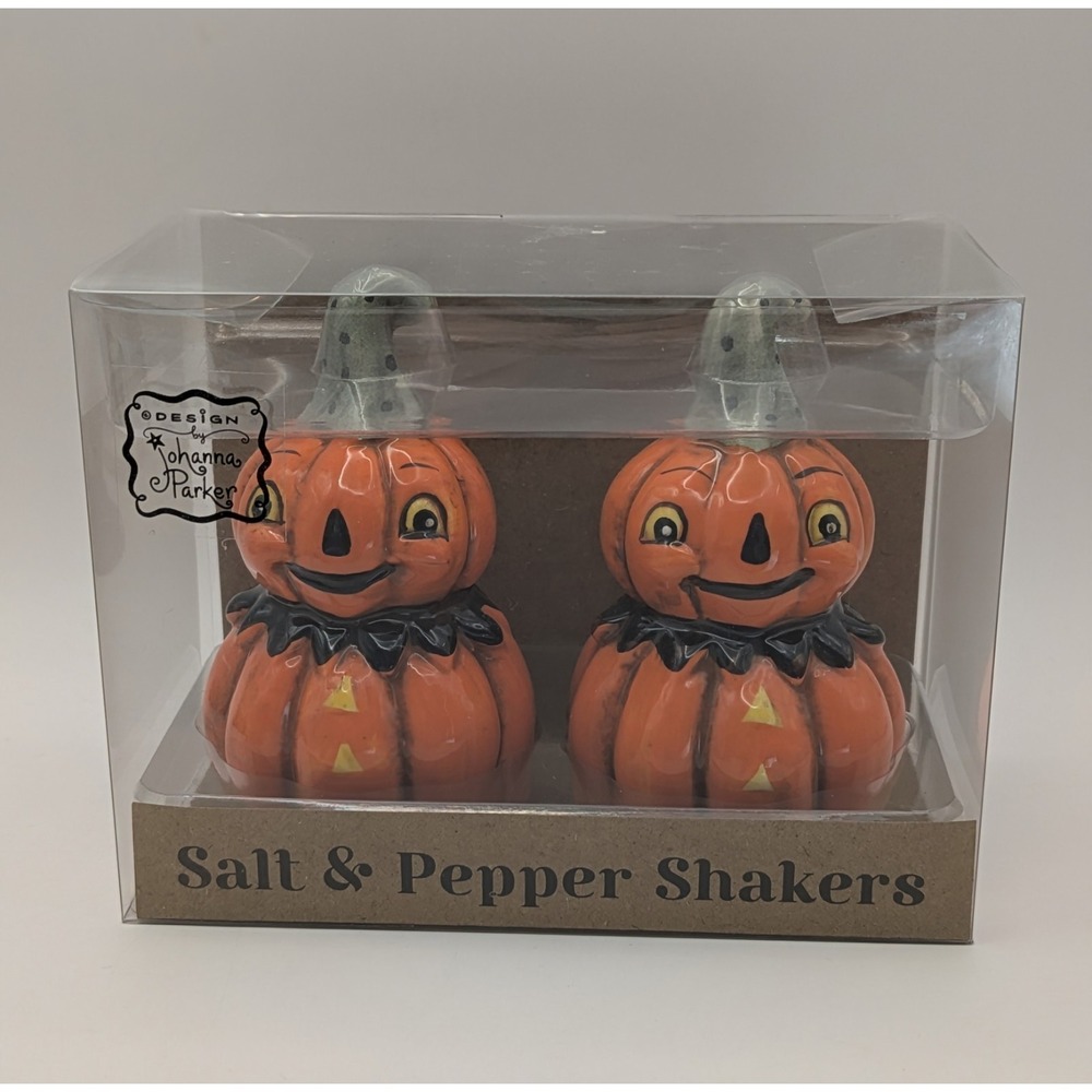 NEW Johanna Parker Halloween Jack‎ O' Lantern Pumpkin Salt & Pepper Shaker